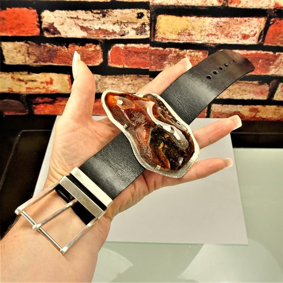 SUPER HUGE AMBER STERLING LEATHER RARE UNISEX BRACELET 9 BY AMBERMODA - Picture 2 of 16